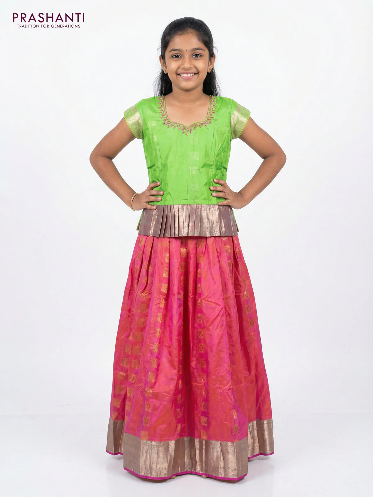 Silk kids lehenga light green and dual shade of pink with aari work neck pattern and copper zari buttas & border for 9-10 years