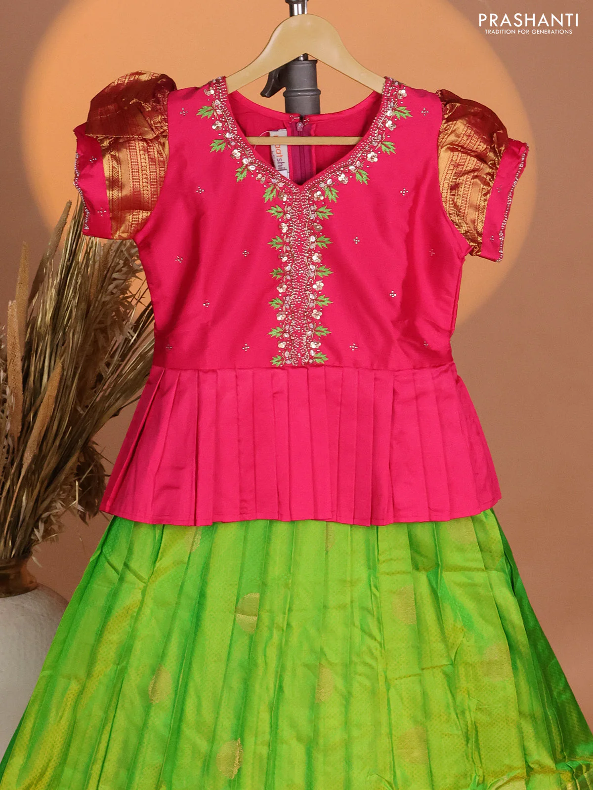 Silk kids lehenga pink and light green with aari work neck pattern & puff sleeve and self emboss zari buttas & zari woven border - Image 2