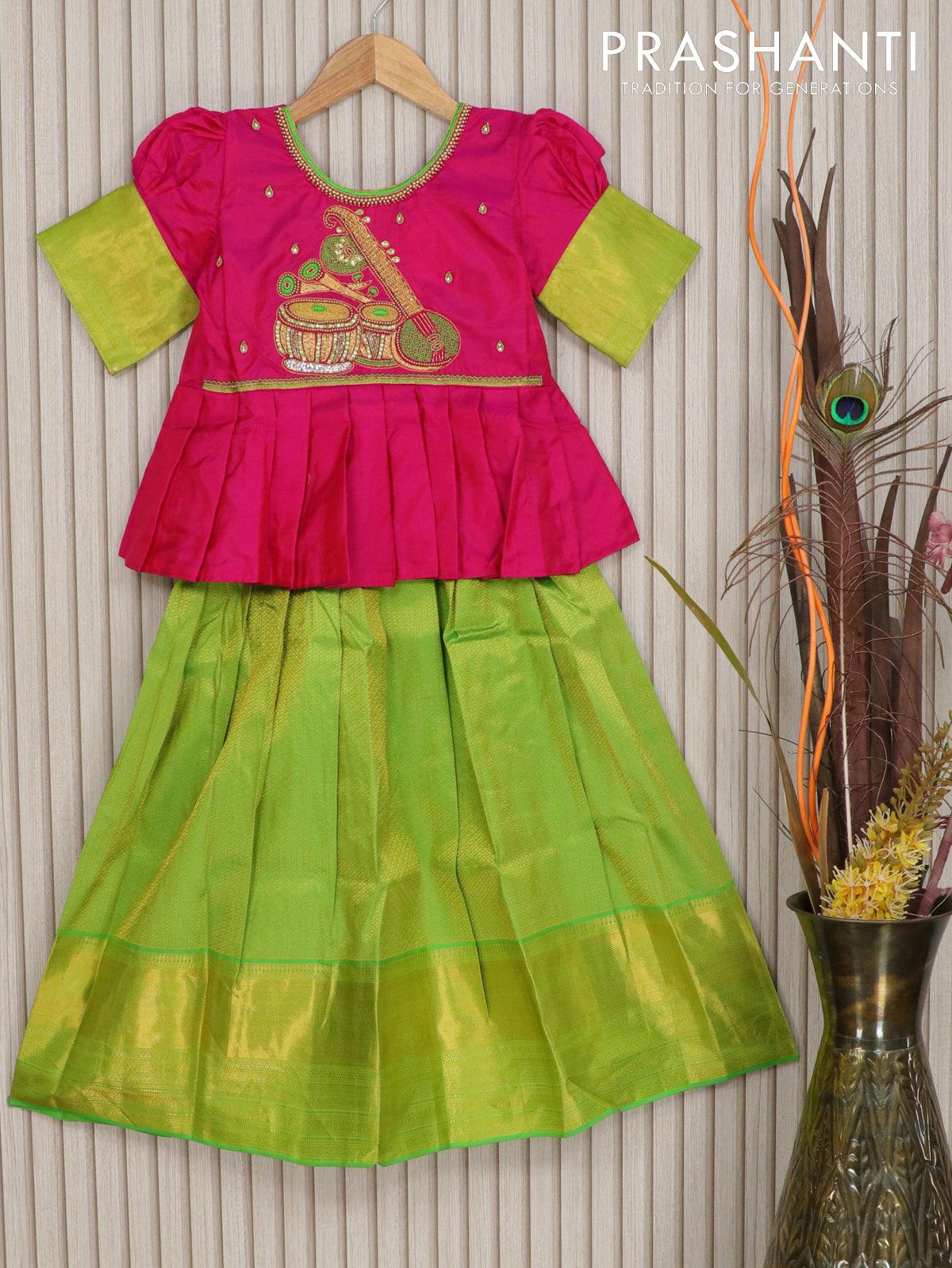 Silk kids lehenga pink and light green with zardosi aari work & zari weaves and long zari woven border for 7 years