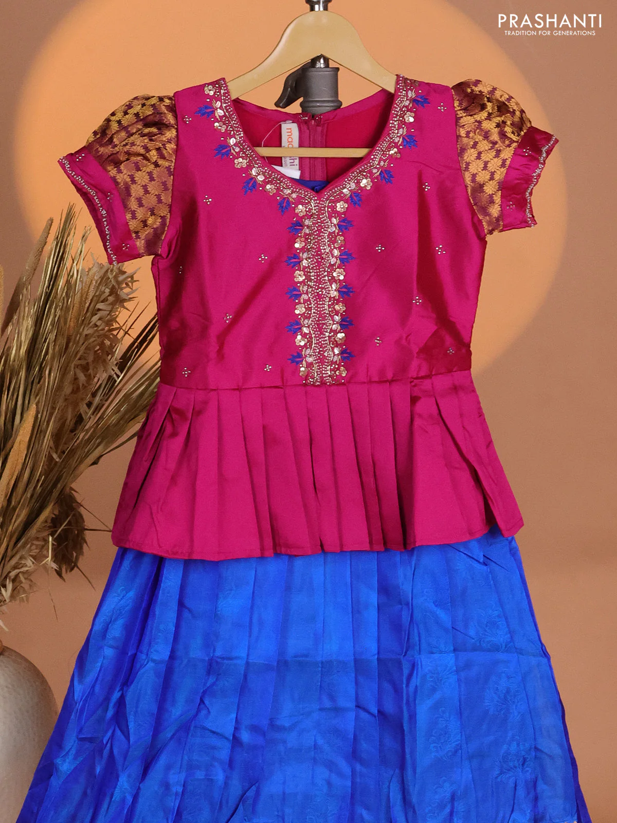 Silk kids lehenga pink and royal blue with aari work neck pattern & puff sleeve and self emboss buttas & zari woven border - Image 2