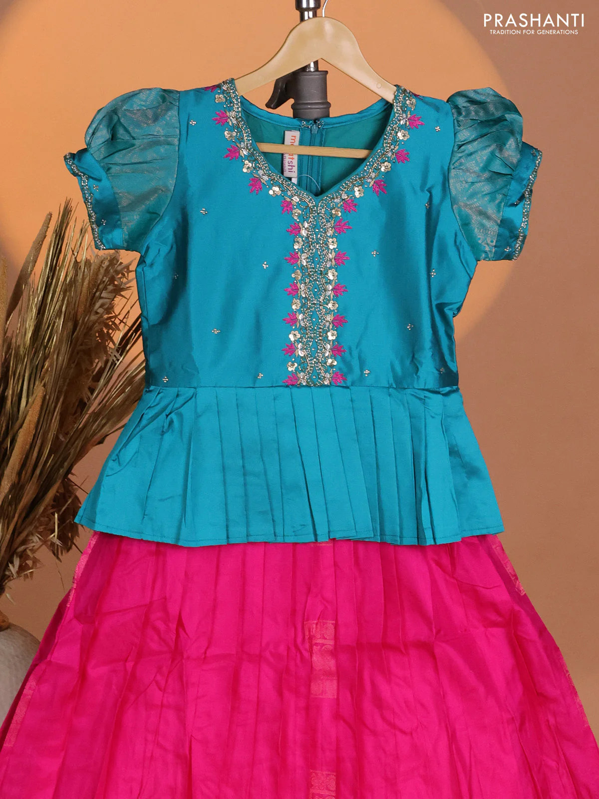 Silk kids lehenga teal blue shade and pink with aari work neck pattern & puff sleeve and zari buttas & simple border - Image 2
