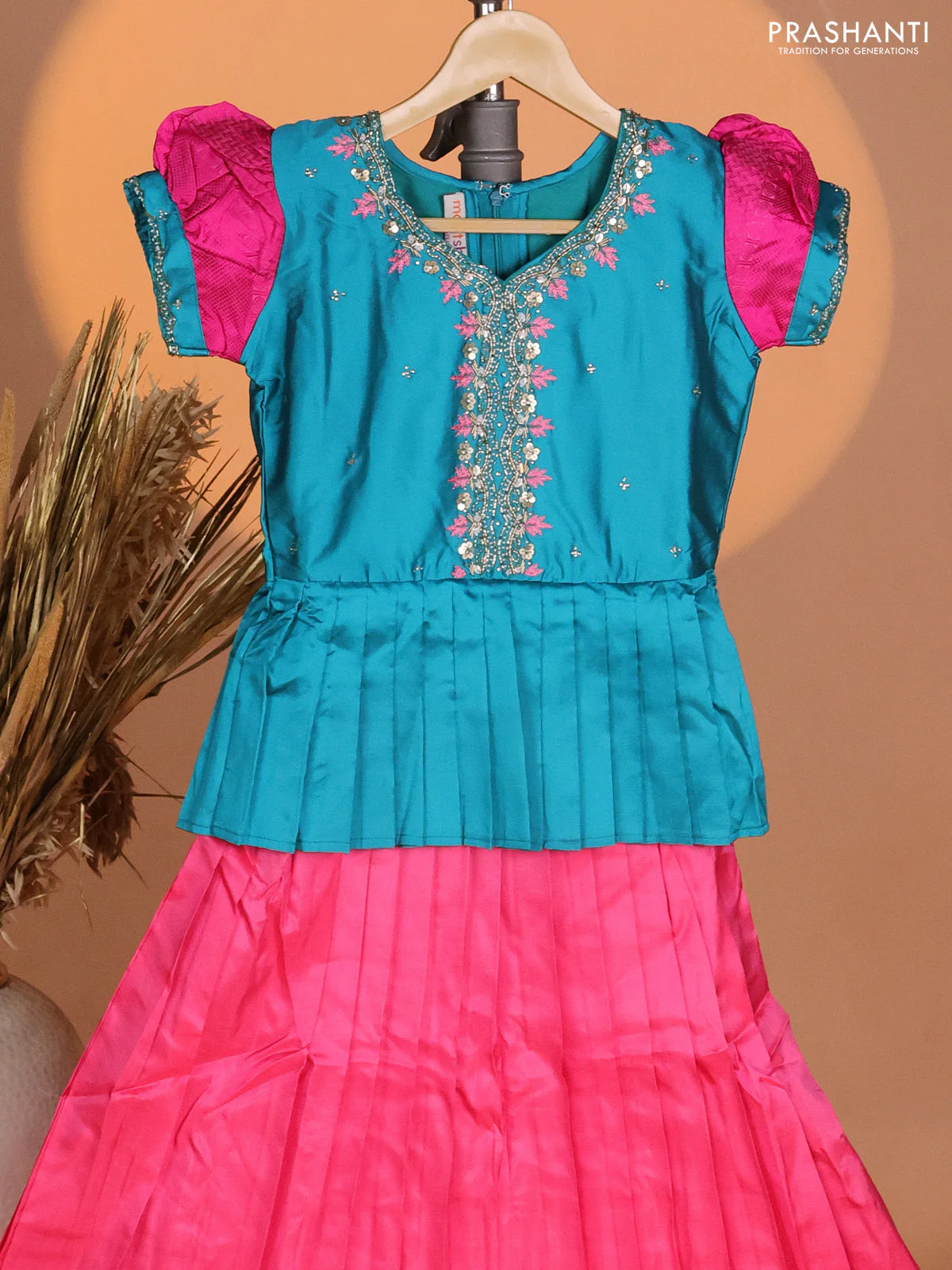 Silk kids lehenga teal green shade and pink with aari work neck pattern & puff sleeve and zari buttas & simple border - Image 2