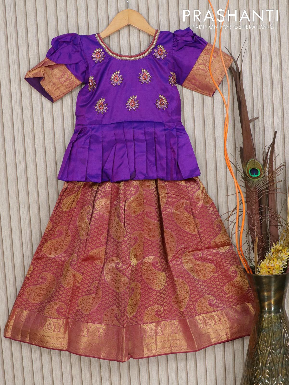 Silk kids lehenga violet and pastel maroon shade with zardosi aari work & zari weaves and zari woven border for 7 years
