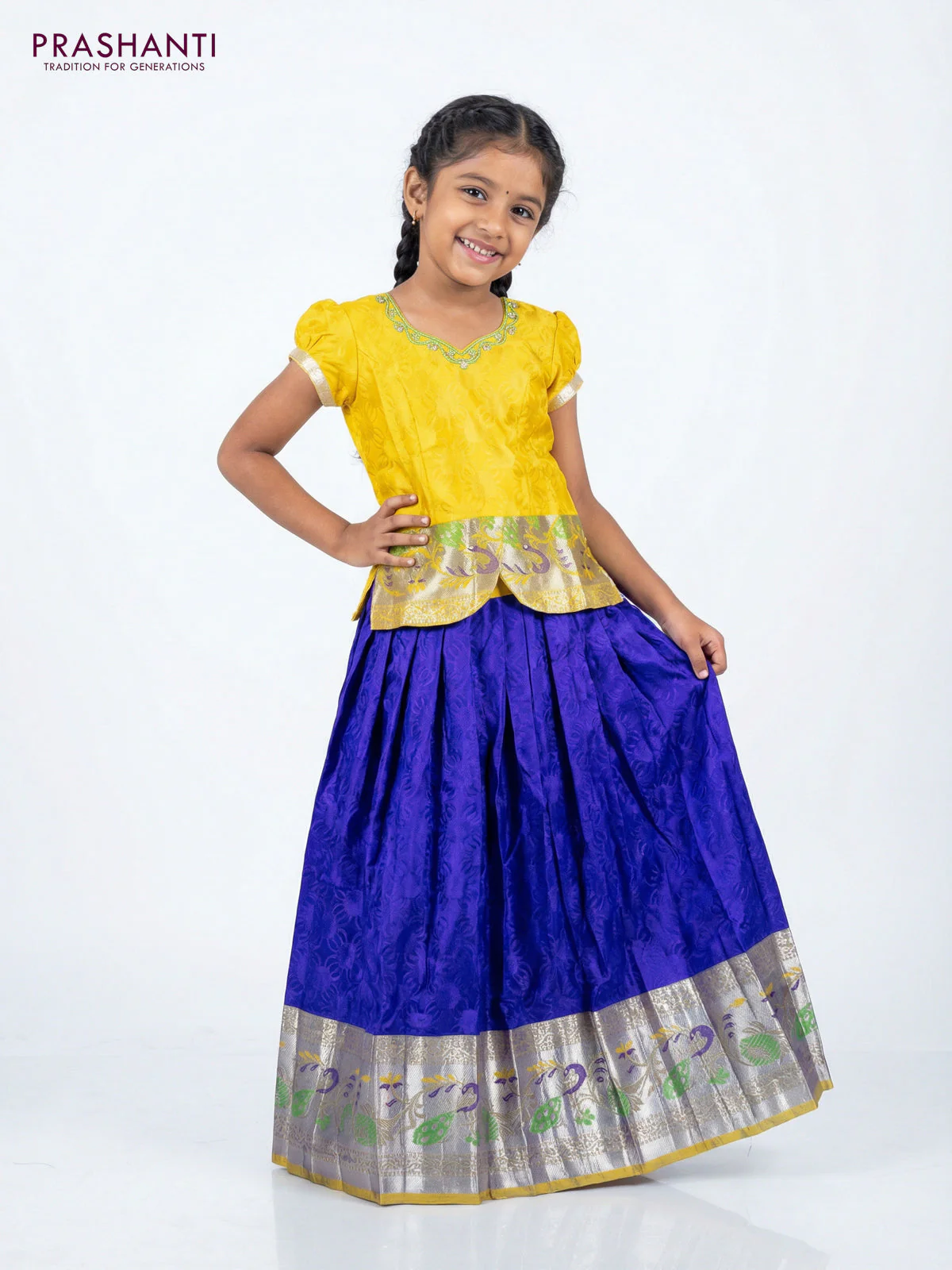 Silk kids lehenga yellow and blue with aari work neck pattern and long silver zari woven border for 7-8 years