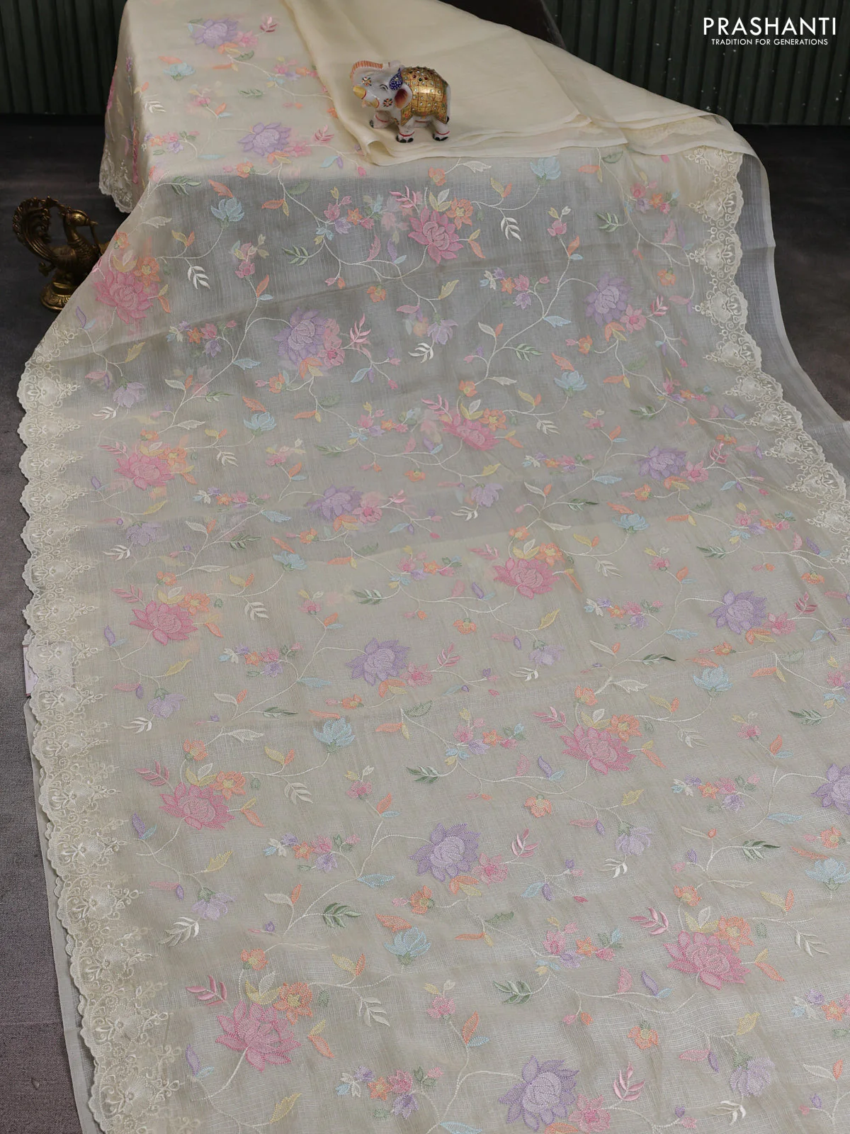Silk kota saree cream with allover floral embroidery and embroidery border - Image 2