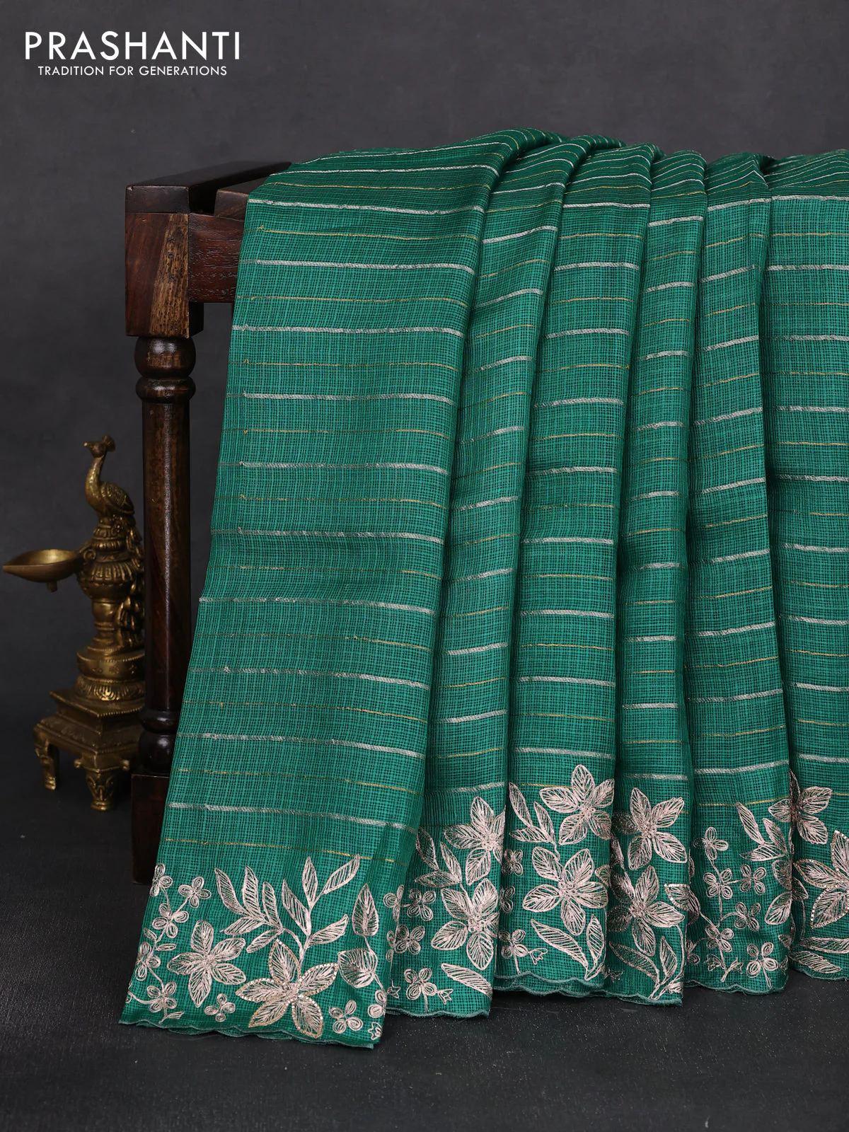 Silk kota saree green with allover silver & gold zari stripe pattern and embroidery border