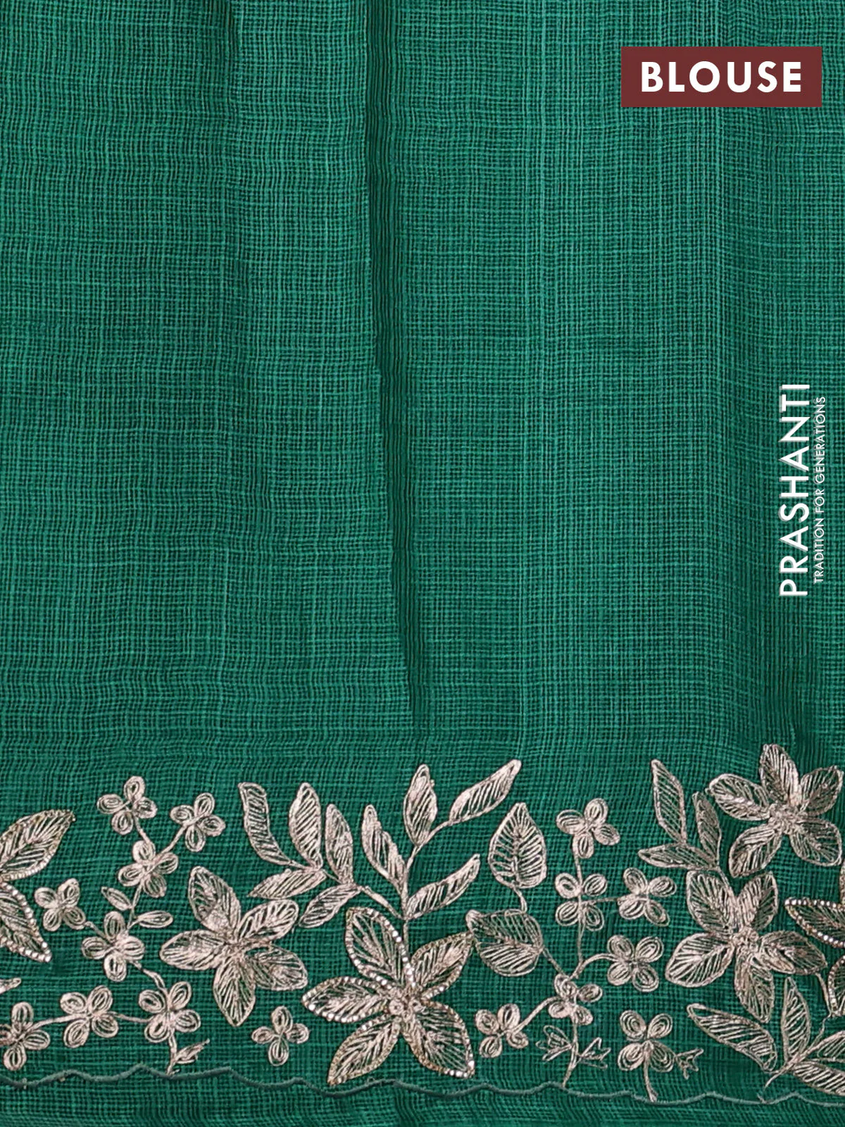 Silk kota saree green with allover silver & gold zari stripe pattern and embroidery border - Image 3