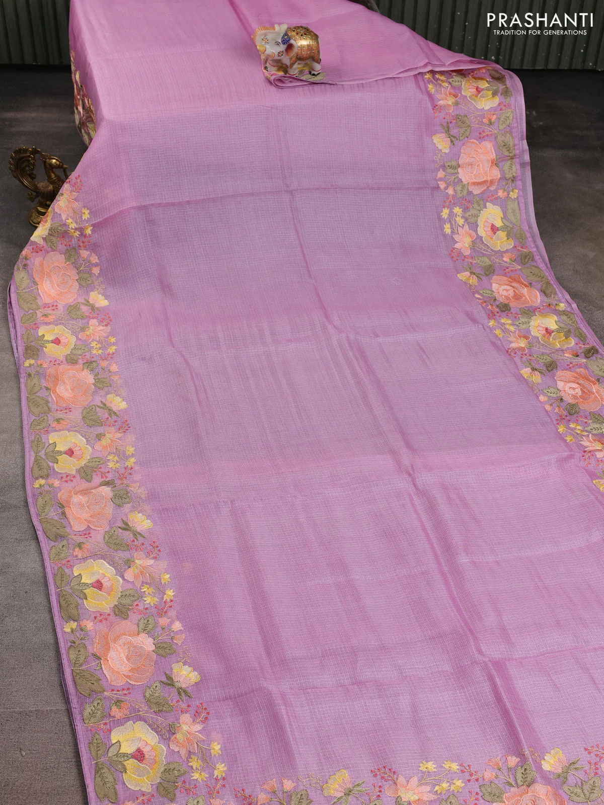 Silk kota saree lavender with plain body and embroidery border - Image 2