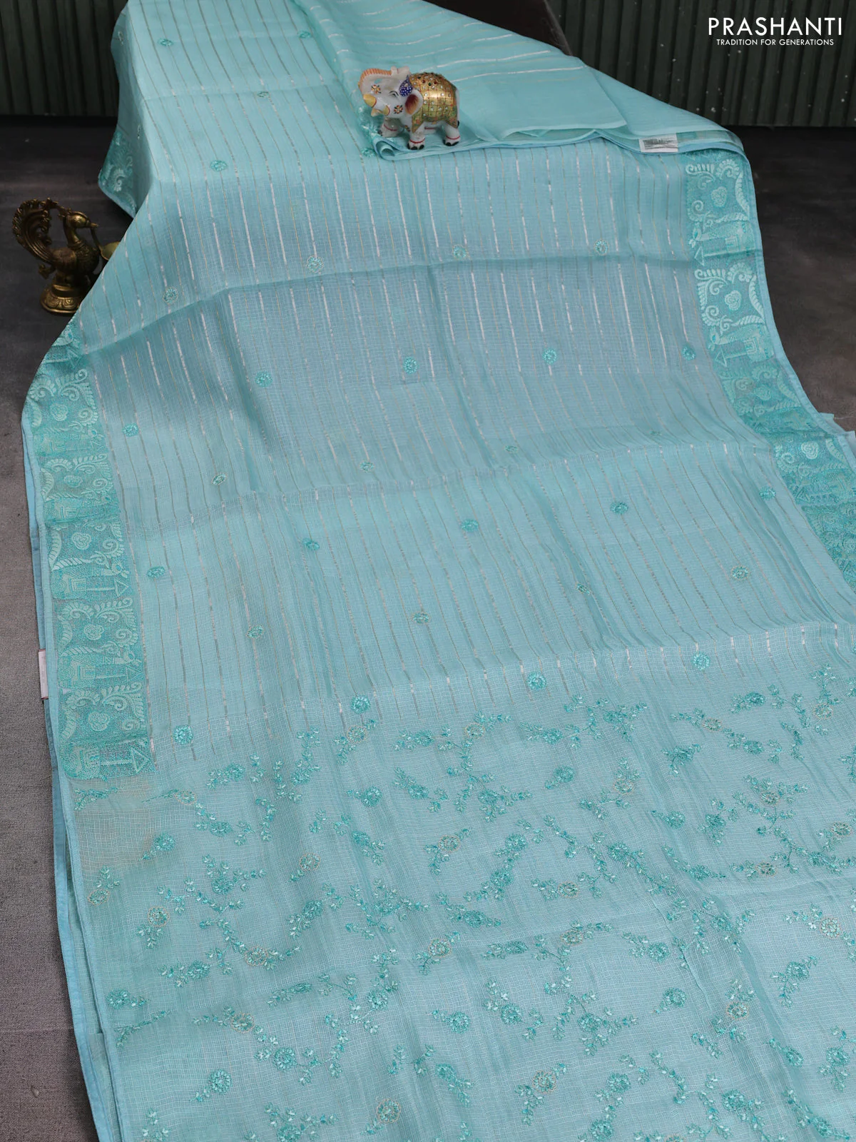 Silk kota saree light blue with allover silver & gold zari stripe pattern and embroidery border - Image 2