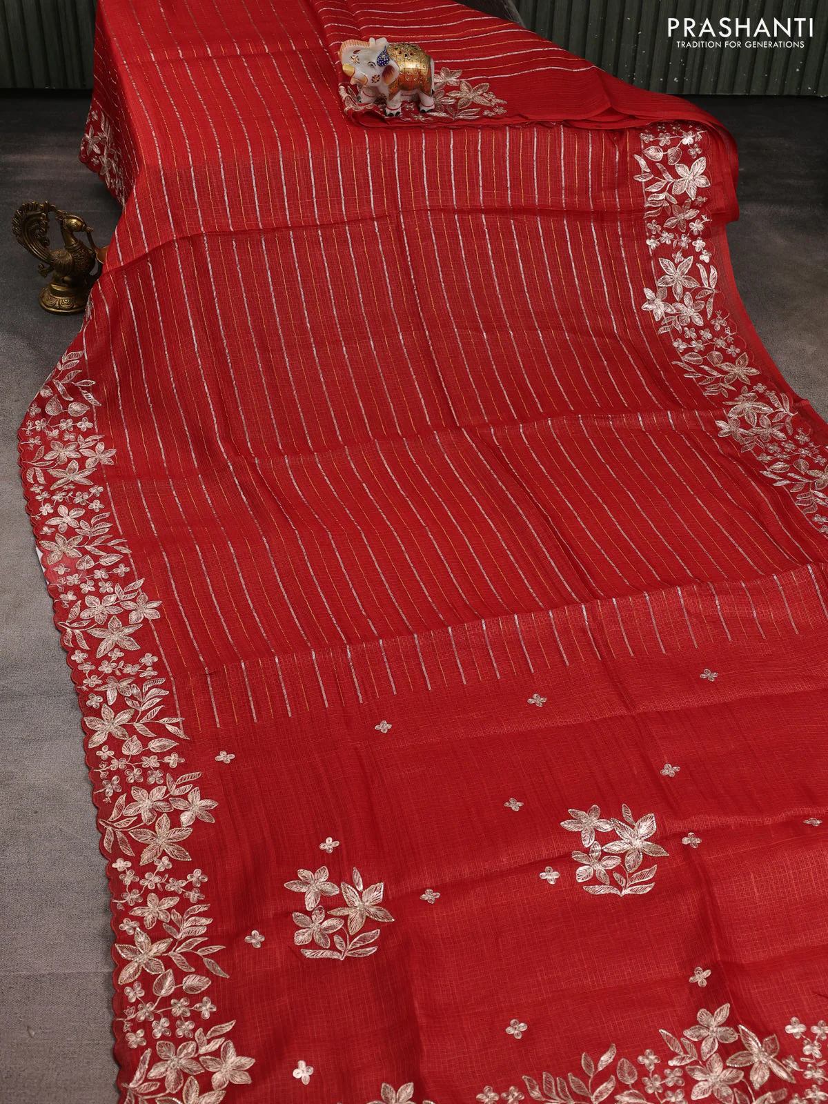 Silk kota saree maroon with allover silver & gold zari stripe pattern and embroidery border - Image 2