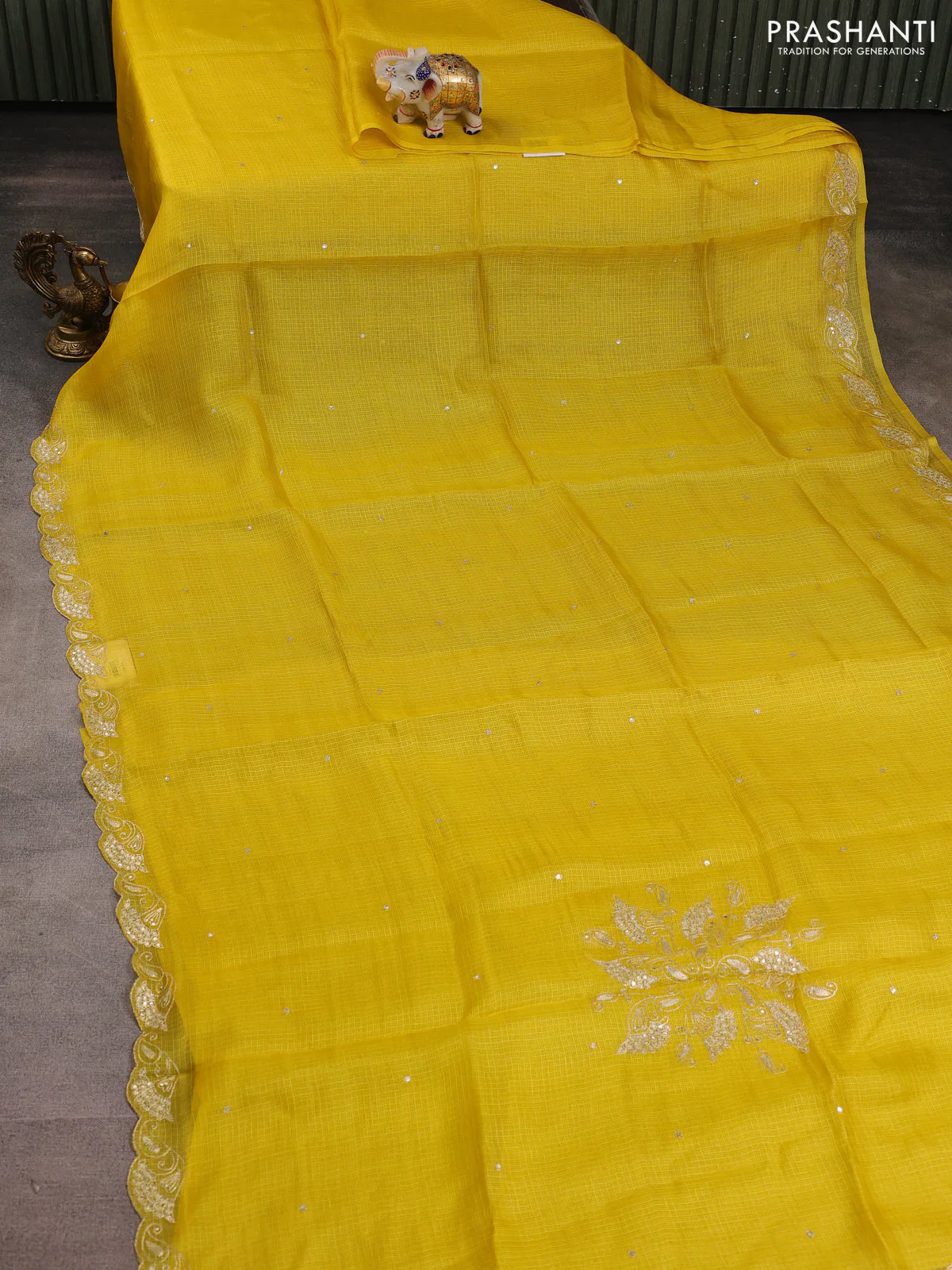 Silk kota saree mustard yellow with embroidery buttas and embroidery border - Image 2