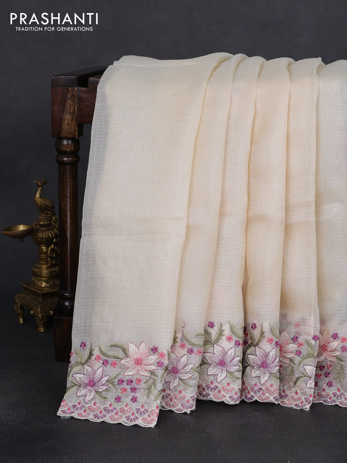 Silk kota saree off white with plain body and embroidery border