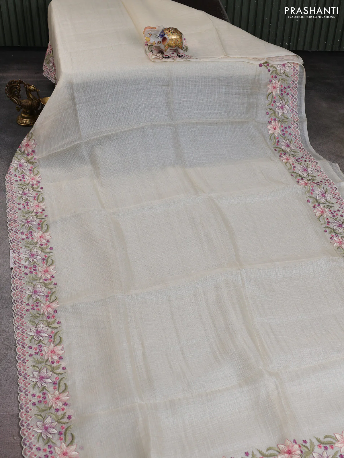 Silk kota saree off white with plain body and embroidery border - Image 2
