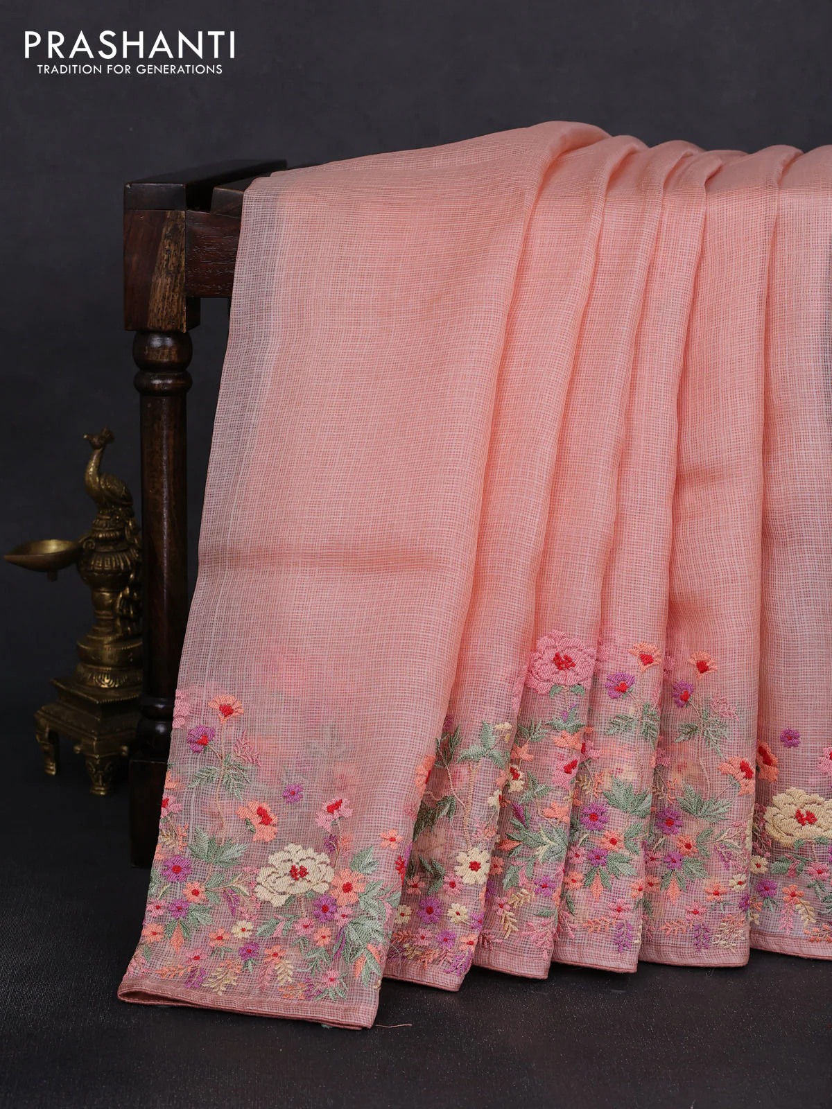 Silk kota saree pale orange with plain body and floral embroidery border