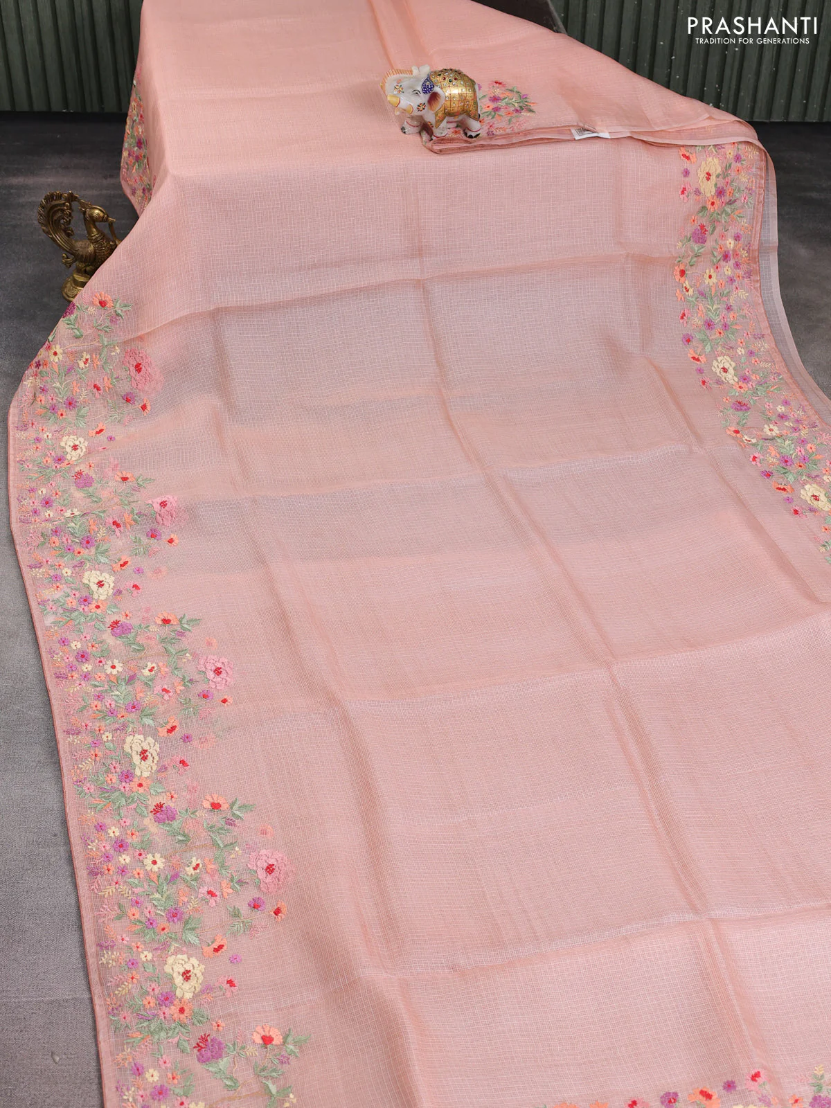 Silk kota saree pale orange with plain body and floral embroidery border - Image 2