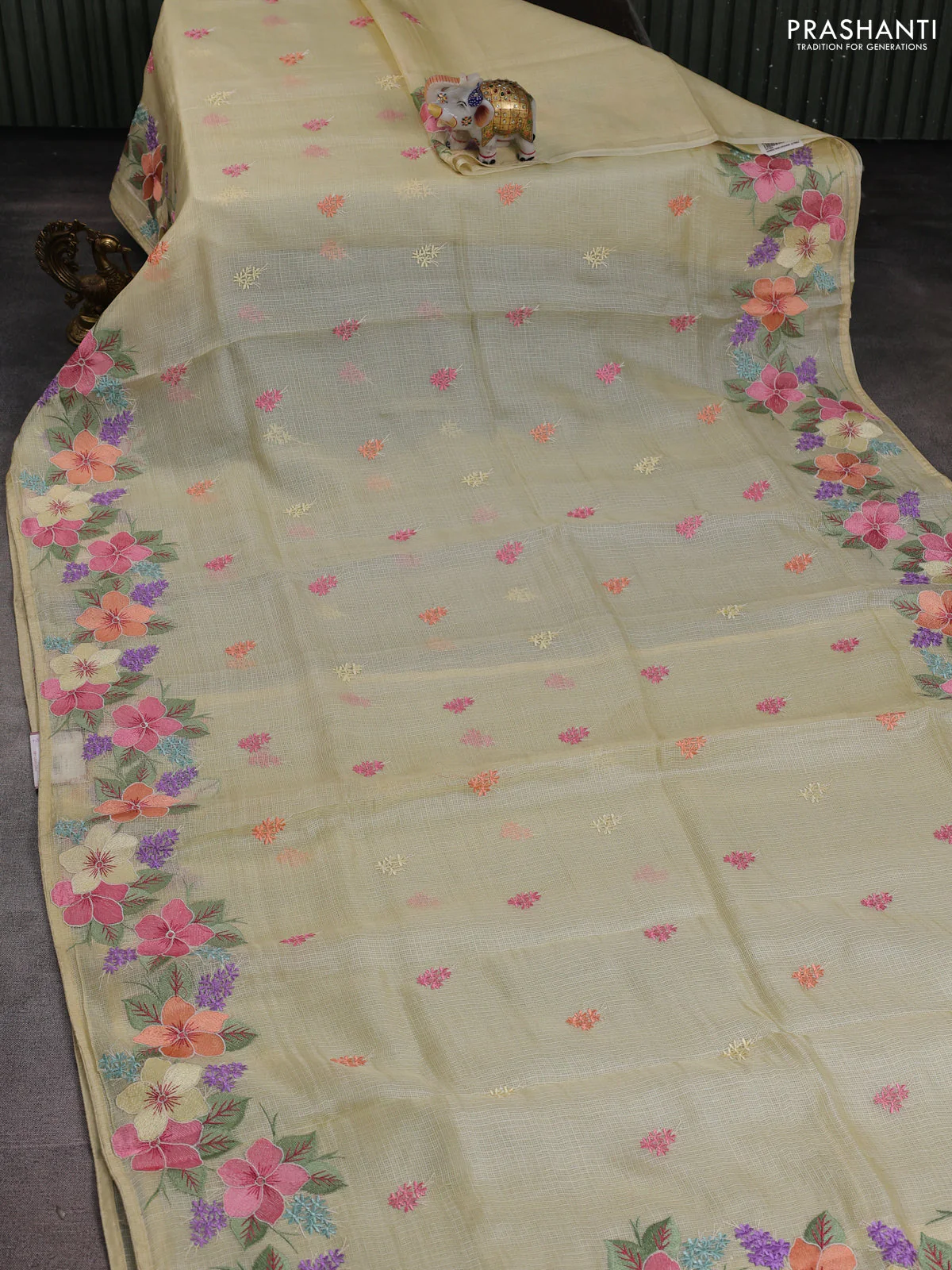 Silk kota saree pale yellow with allover embriodery buttas and embroidery border - Image 2