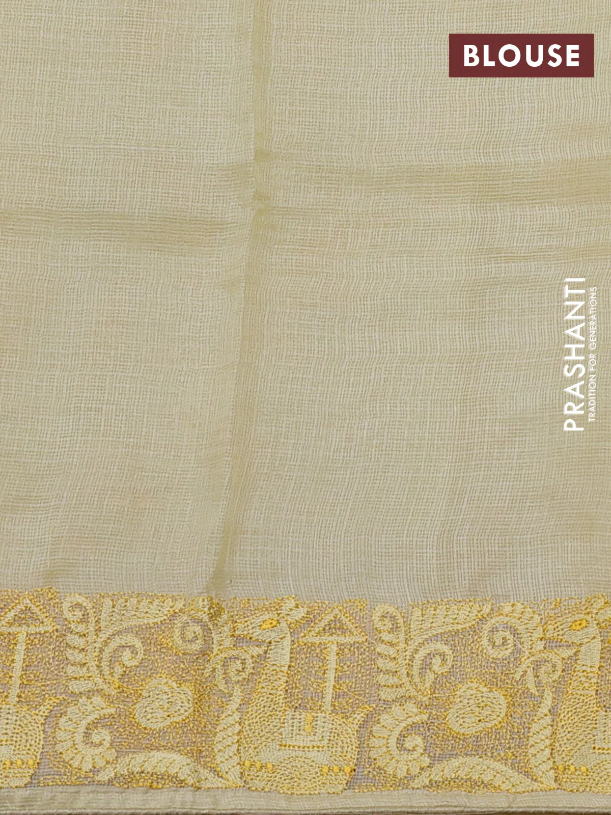 Silk kota saree pale yellow with allover silver & gold zari stripe pattern and embroidery border - Image 3