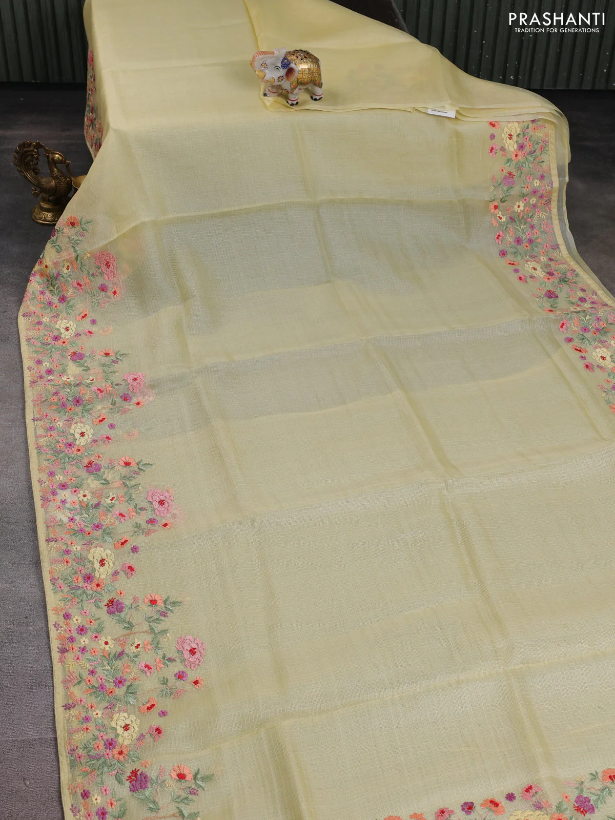 Silk kota saree pale yellow with plain body and floral embroidery border - Image 2