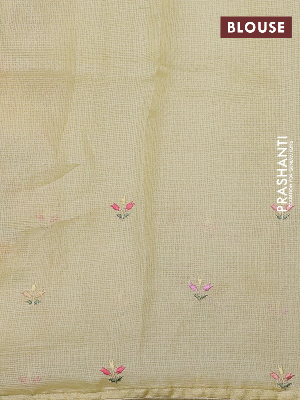 Silk kota saree pale yellow with plain body and floral embroidery border - Image 3