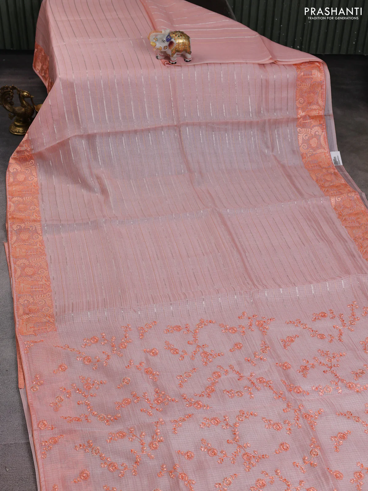 Silk kota saree peach shade with allover silver & gold zari stripe pattern and embroidery border - Image 2