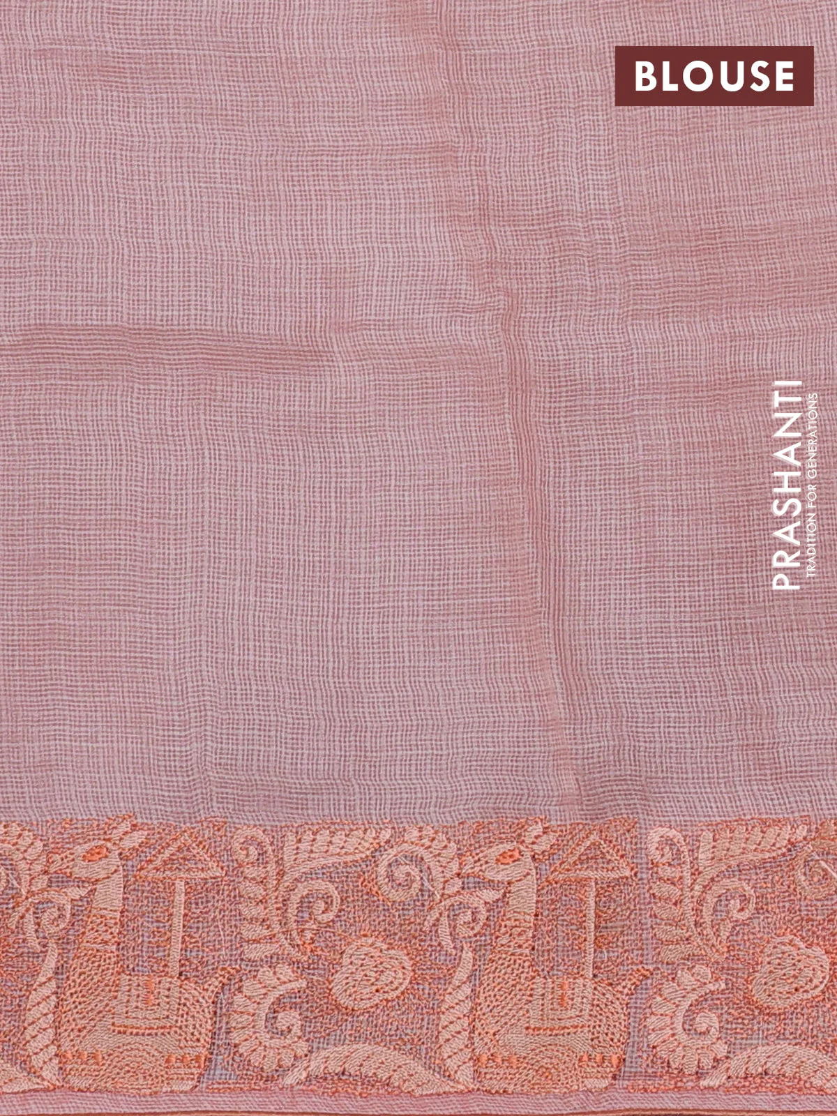 Silk kota saree peach shade with allover silver & gold zari stripe pattern and embroidery border - Image 3