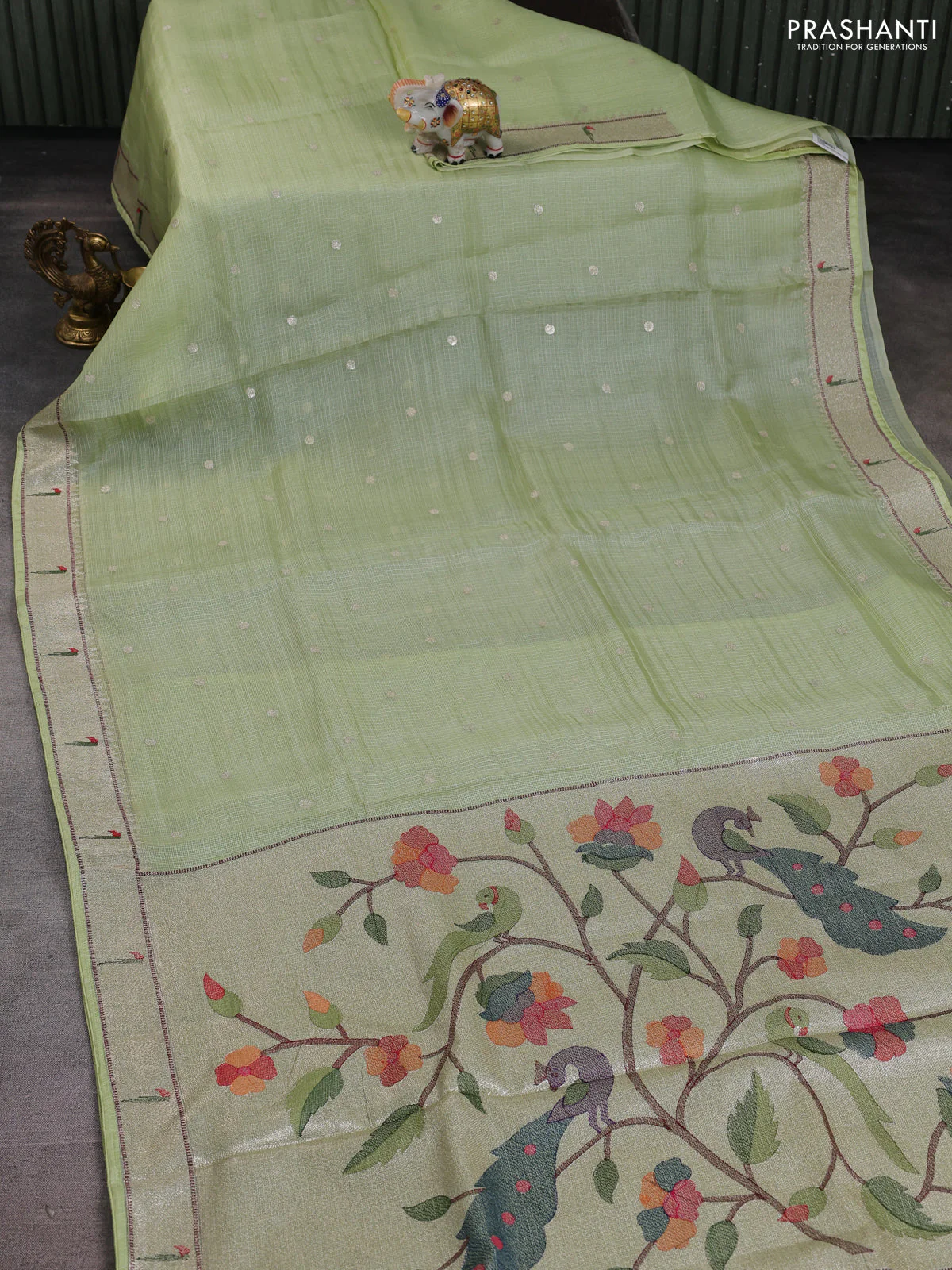Silk kota saree pista green with allover embriodery buttas and muniya butta border - Image 2