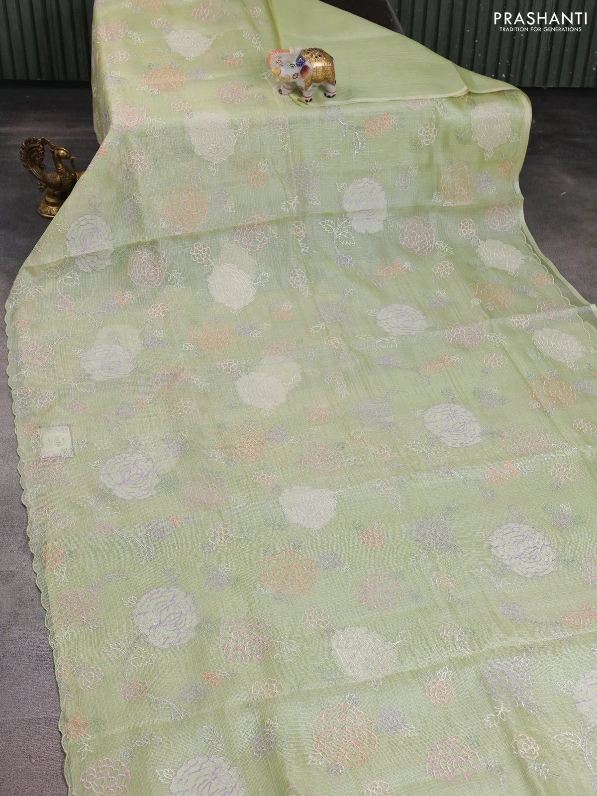 Silk kota saree pista green with allover embroidery buttas and borderless style - Image 2