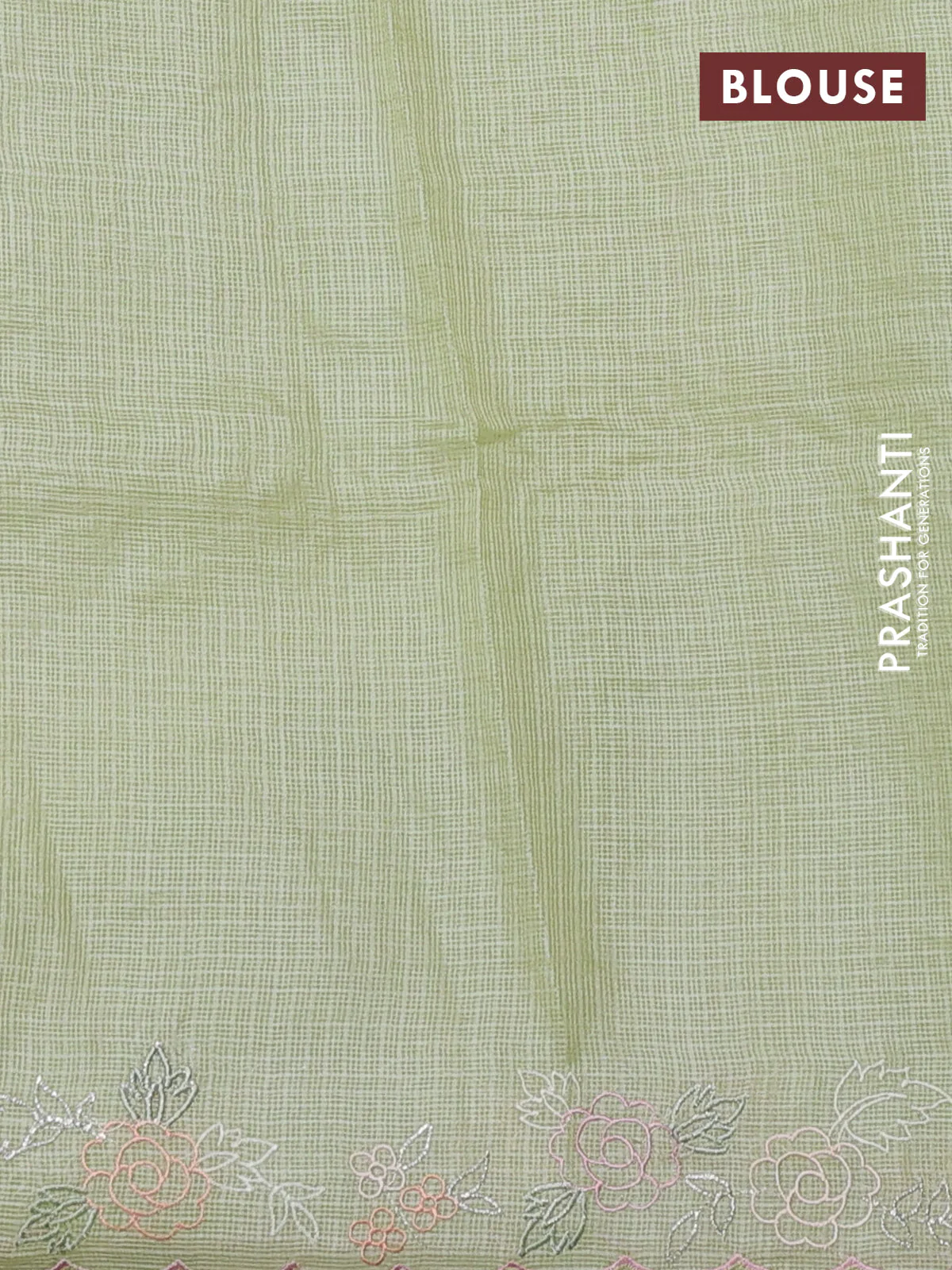 Silk kota saree pista green with allover embroidery buttas and borderless style - Image 3