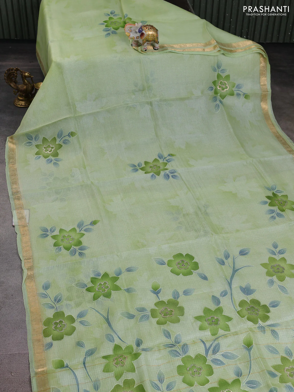 Silk kota saree pista green with floral embroidery buttas and zari woven border - Image 2