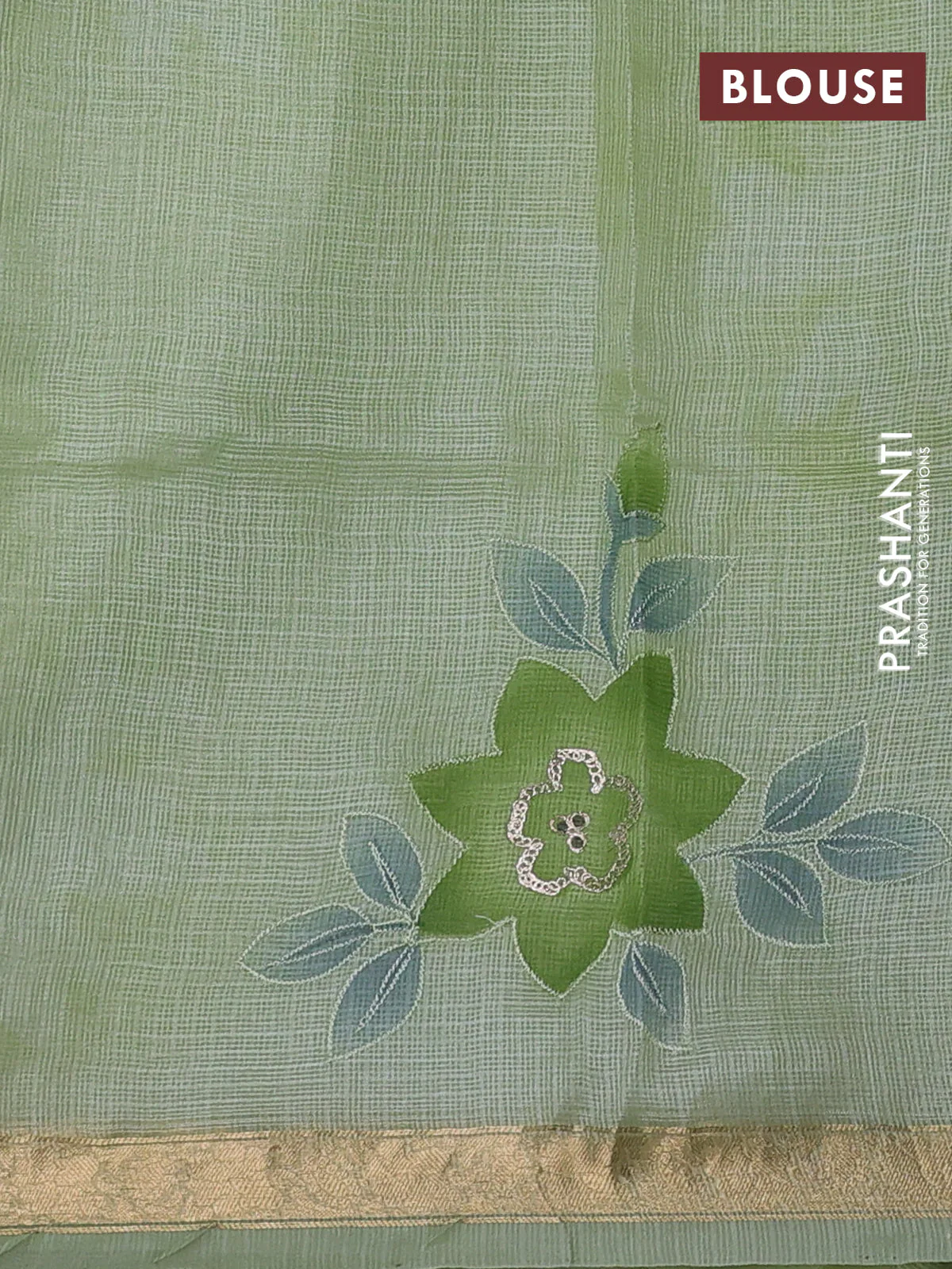 Silk kota saree pista green with floral embroidery buttas and zari woven border - Image 3