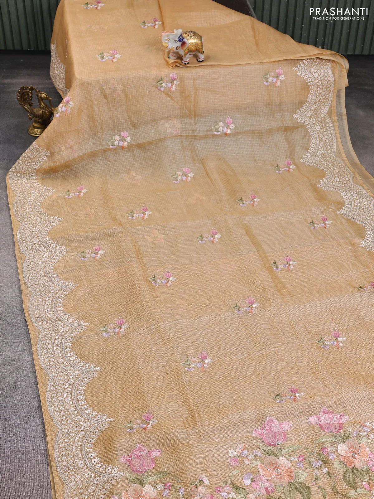 Silk kota saree sandal with allover floral embroidery and embroidery border - Image 2