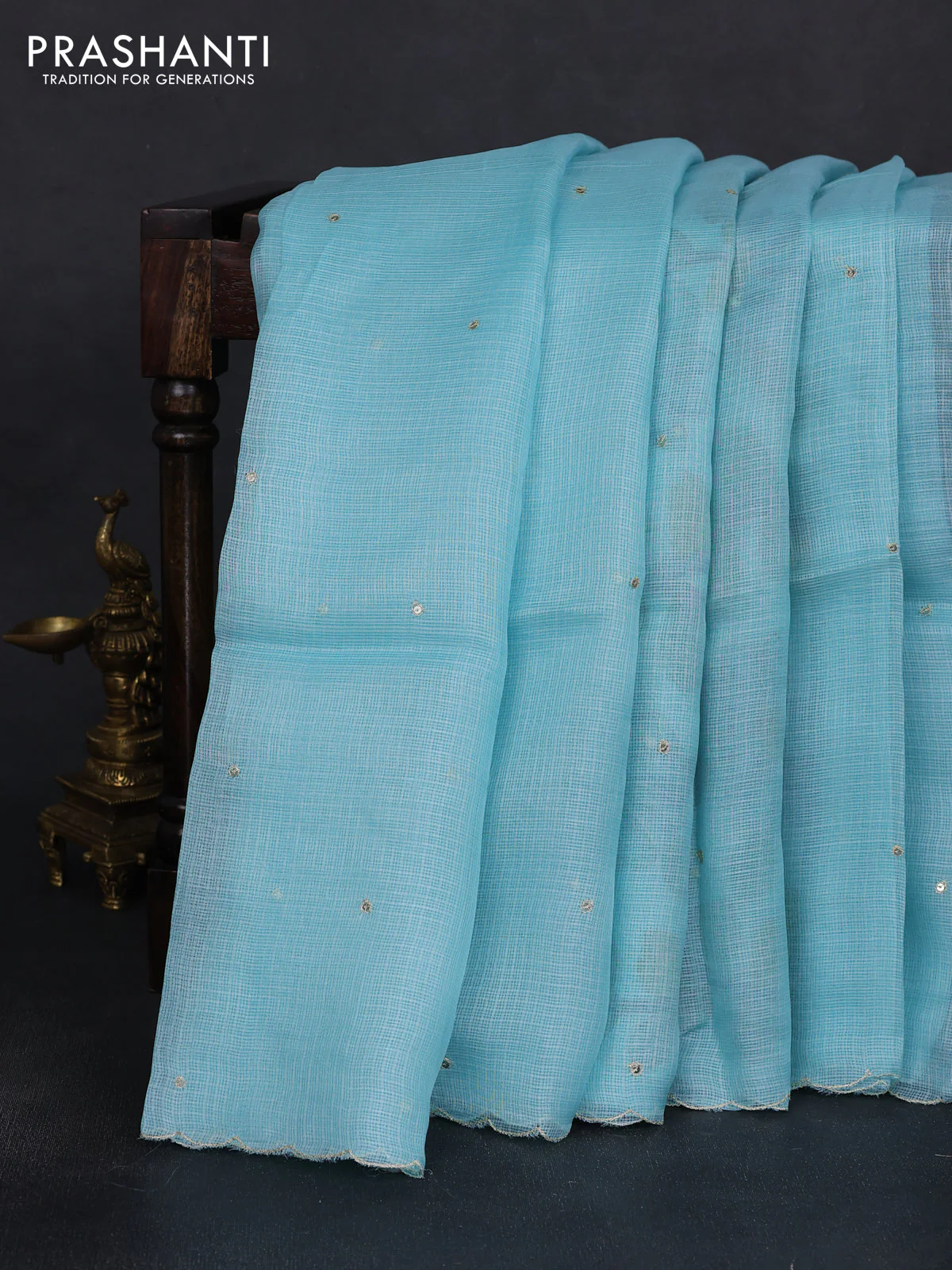 Silk kota saree teal blue with embroidery sequin buttas and kalamkari design pita work blouse