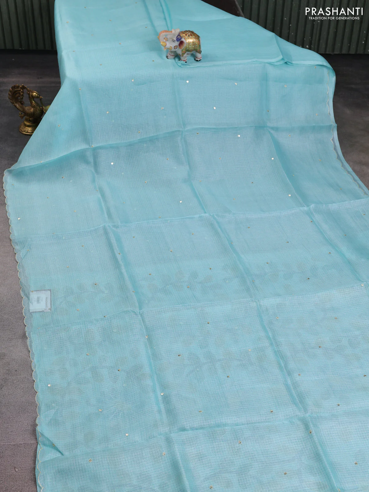 Silk kota saree teal blue with embroidery sequin buttas and kalamkari design pita work blouse - Image 2