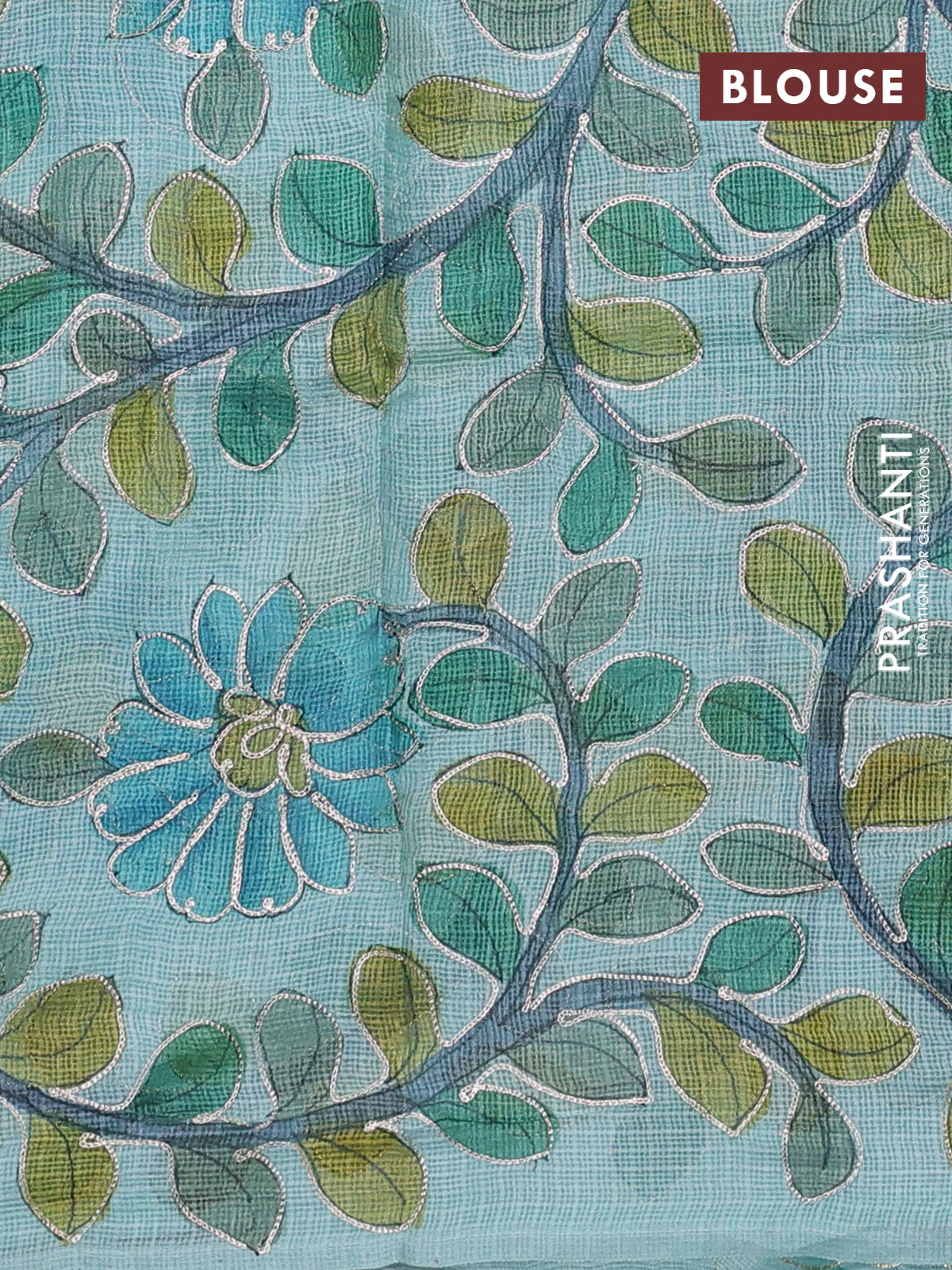 Silk kota saree teal blue with embroidery sequin buttas and kalamkari design pita work blouse - Image 3