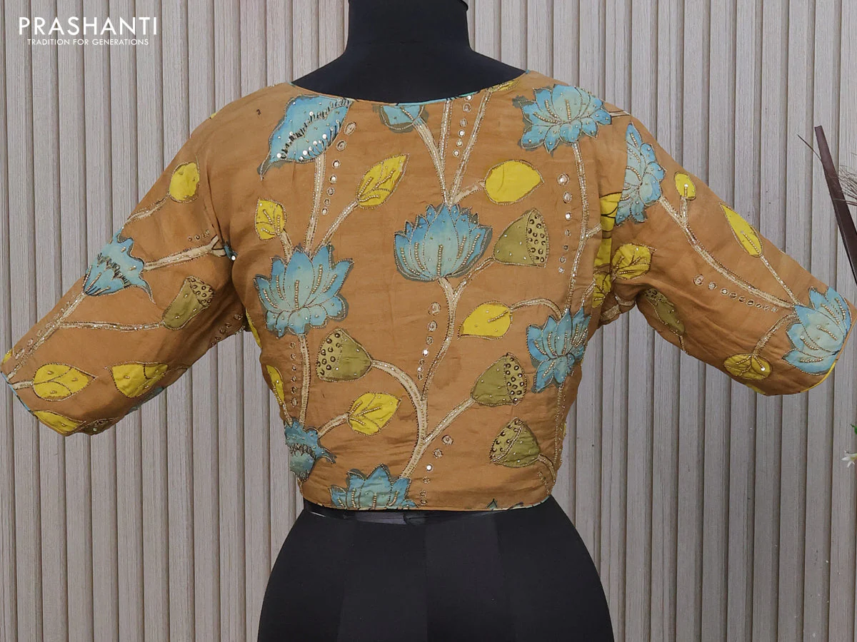 Silk pen kalamkari readymade blouse sandal with allover kalamkari prints & pita work - Image 2