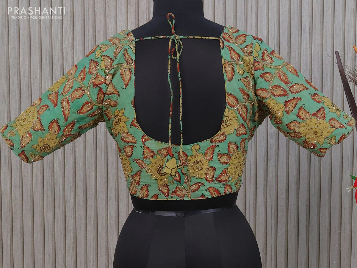 Silk pen kalamkari readymade blouse teal green shade with allover kalamkari prints & pita work and back knot - Image 2