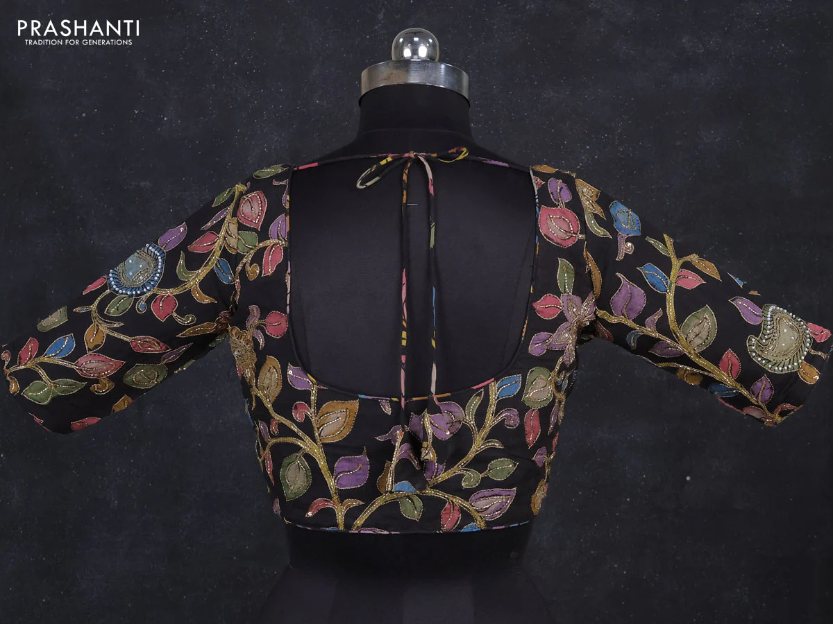 Silk penkalamkari readymade blouse black with allover kalamkari prints & pita work and back knot - Image 2