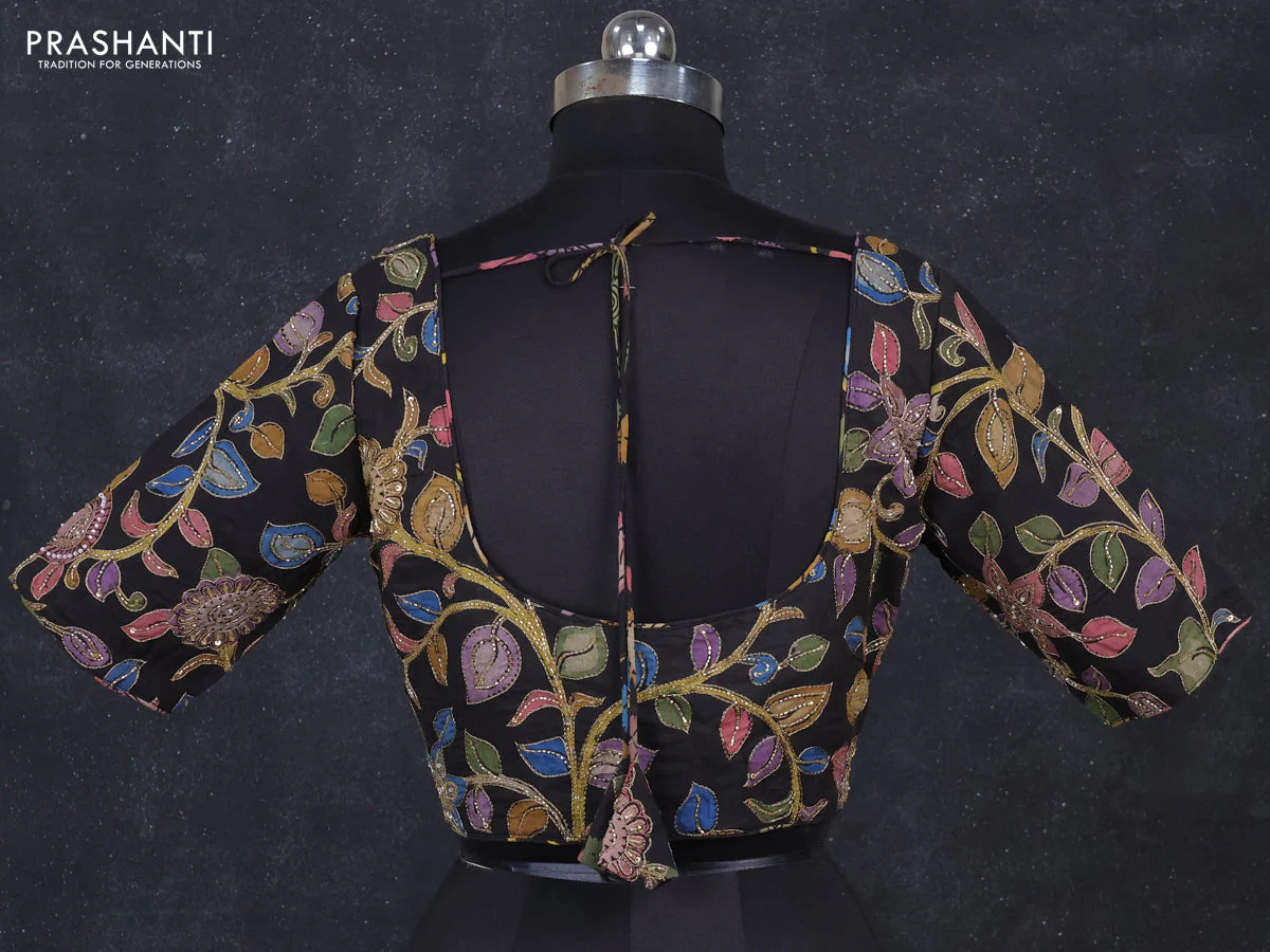 Silk penkalamkari readymade blouse black with allover kalamkari prints & pita work and back knot - Image 2