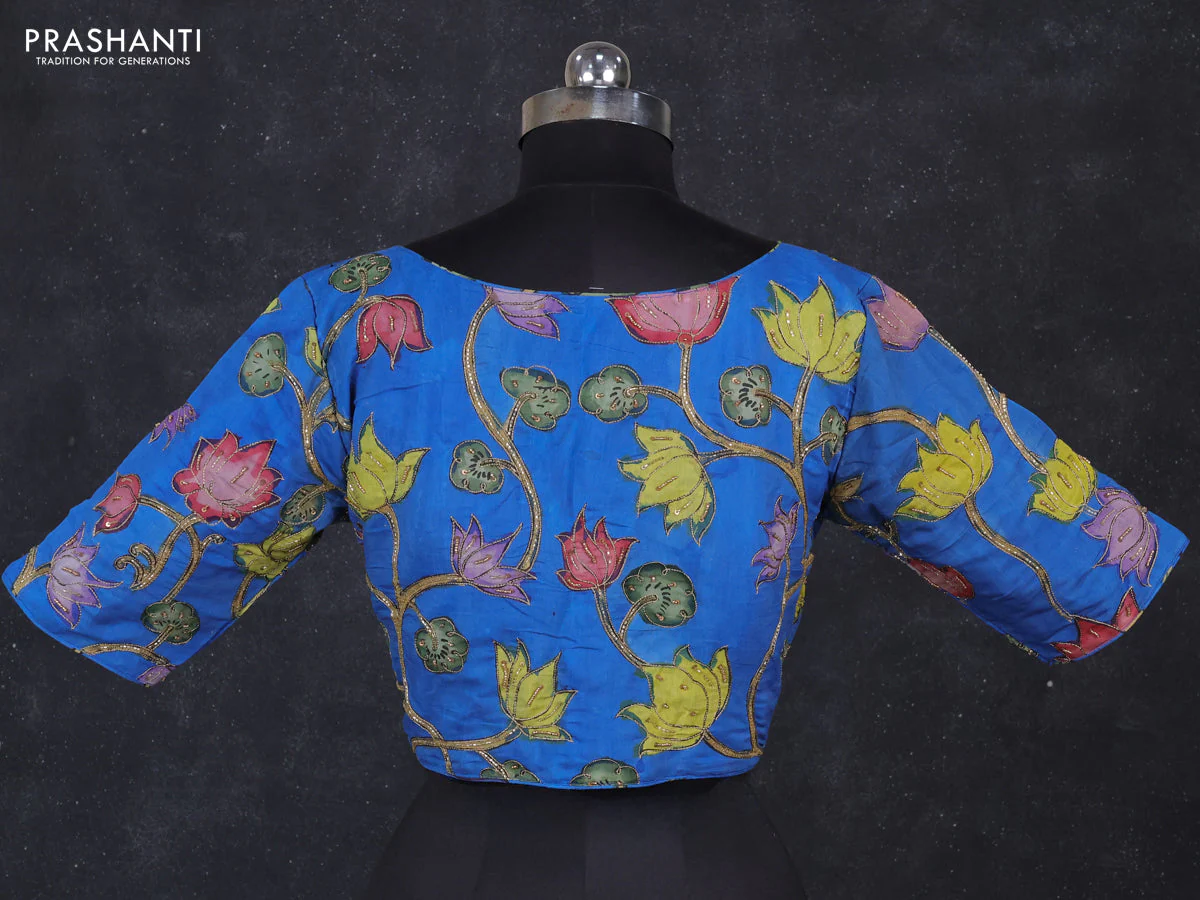 Silk penkalamkari readymade blouse blue with allover kalamkari prints & pita work and back knot - Image 2