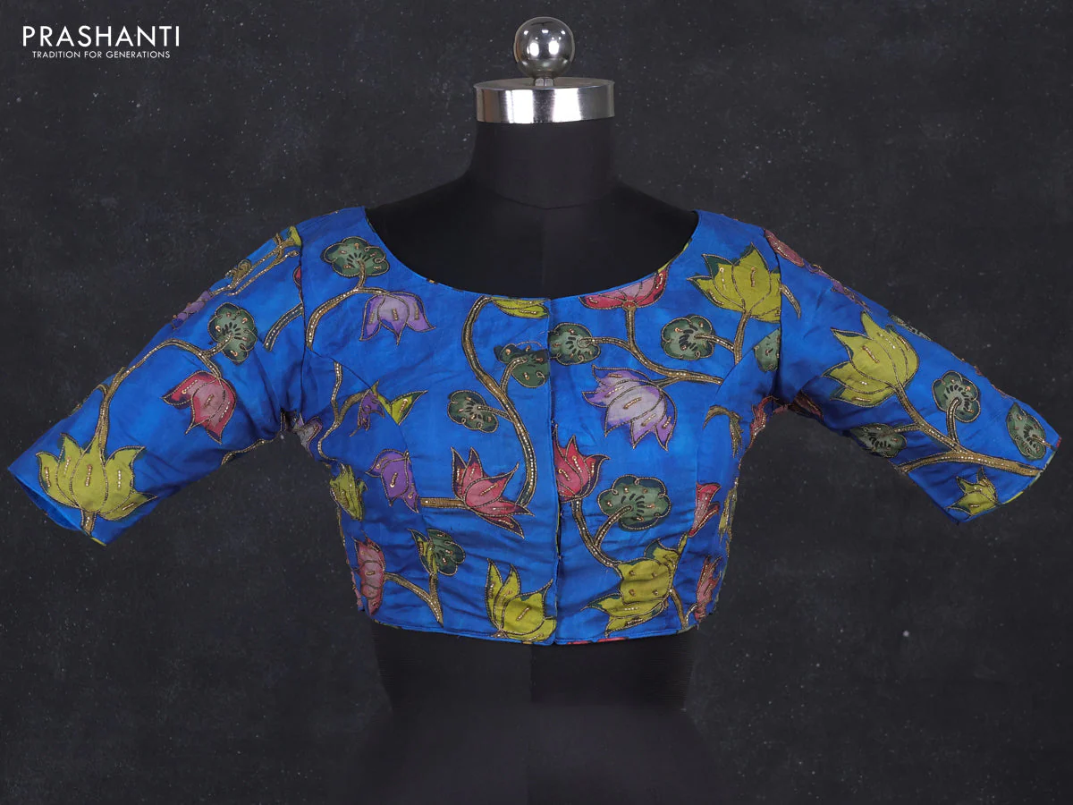 Silk penkalamkari readymade blouse blue with allover kalamkari prints & pita work