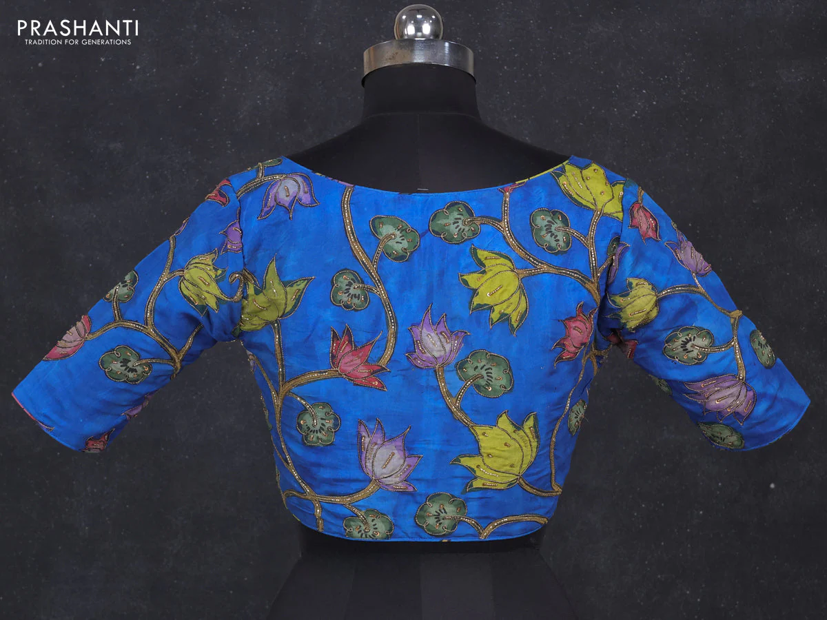 Silk penkalamkari readymade blouse blue with allover kalamkari prints & pita work - Image 2