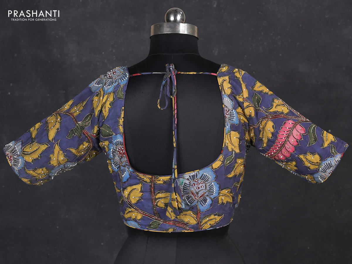 Silk penkalamkari readymade blouse bluish grey with allover kalamkari prints & pita work and back knot - Image 2