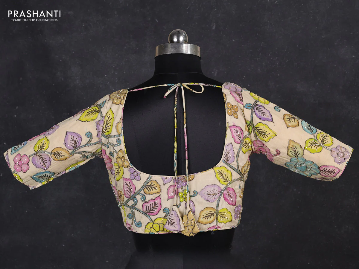 Silk penkalamkari readymade blouse cream with allover kalamkari prints & pita work and back knot - Image 2
