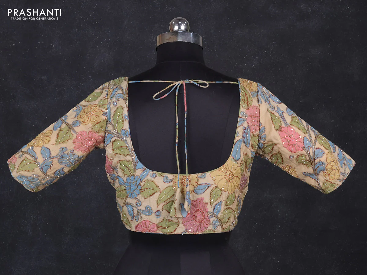Silk penkalamkari readymade blouse cream with allover kalamkari prints & pita work and back knot - Image 2