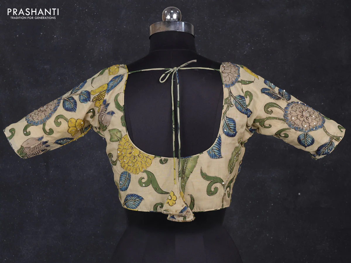 Silk penkalamkari readymade blouse cream with allover kalamkari prints & pita work and back knot - Image 2