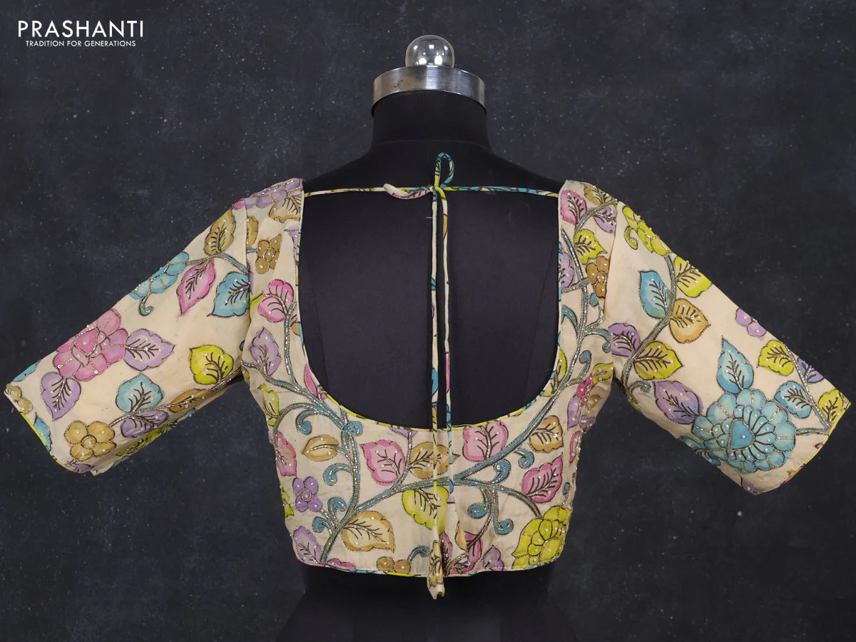 Silk penkalamkari readymade blouse cream with allover kalamkari prints & pita work and back knot - Image 2