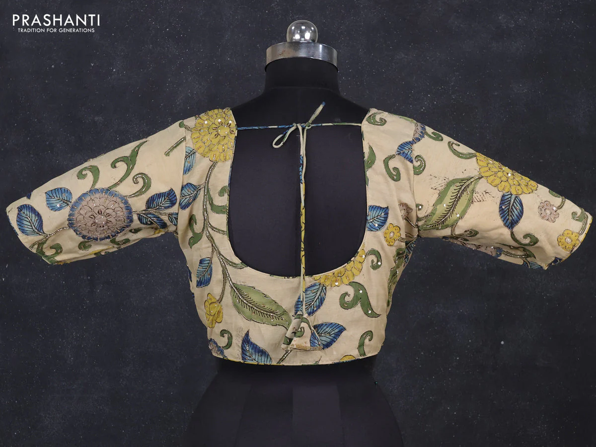 Silk penkalamkari readymade blouse cream with allover kalamkari prints & pita work and back knot - Image 2