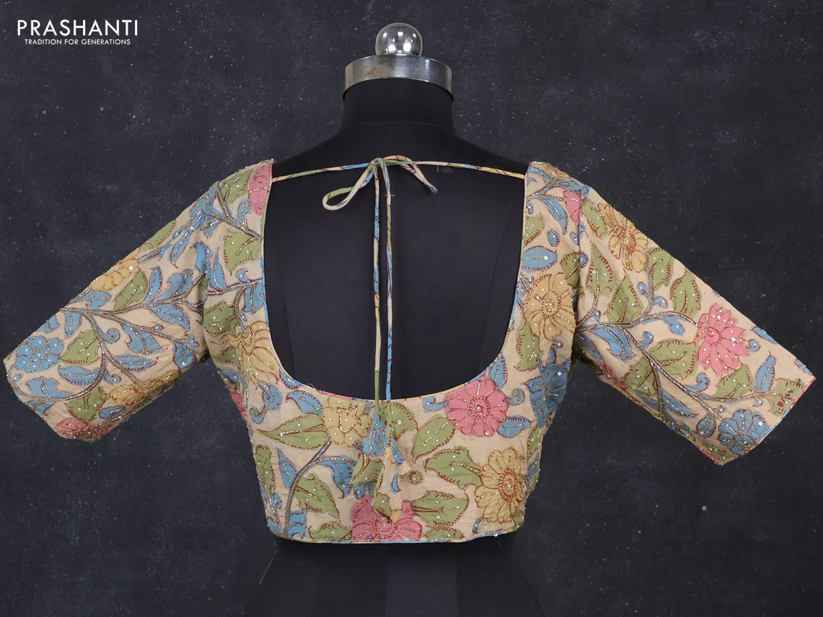 Silk penkalamkari readymade blouse cream with allover kalamkari prints & pita work and back knot - Image 2