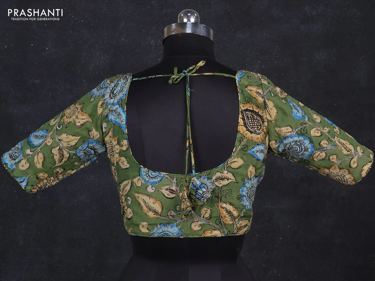 Silk penkalamkari readymade blouse green with allover kalamkari prints & pita work and back knot - Image 2