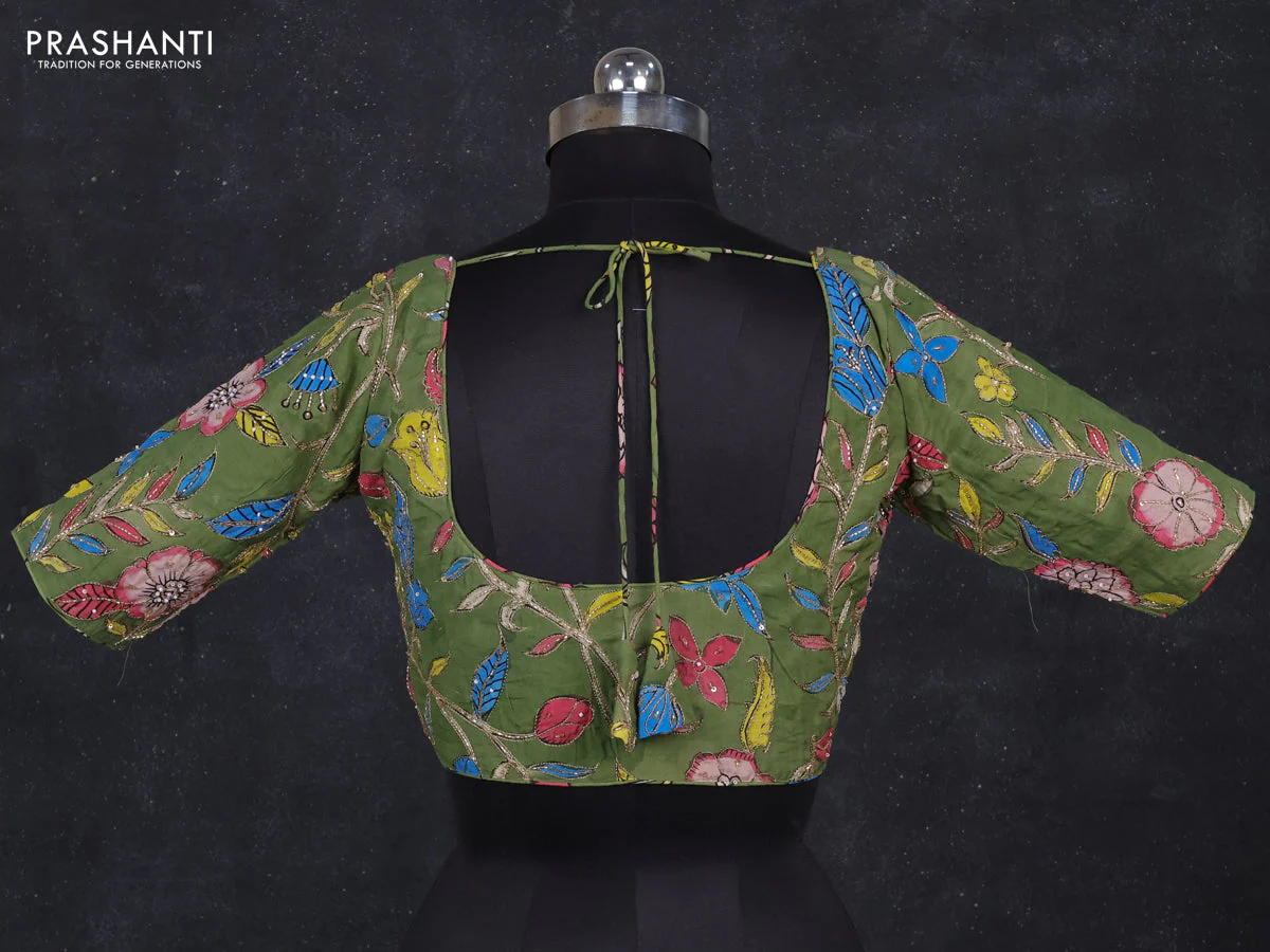 Silk penkalamkari readymade blouse green with allover kalamkari prints & pita work and back knot - Image 2
